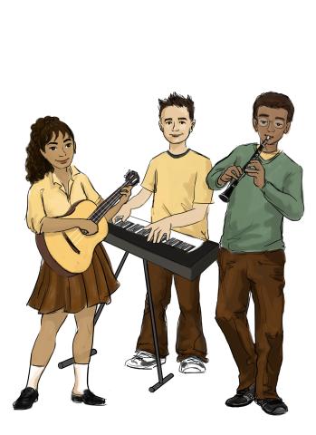 The three students playing musical instruments